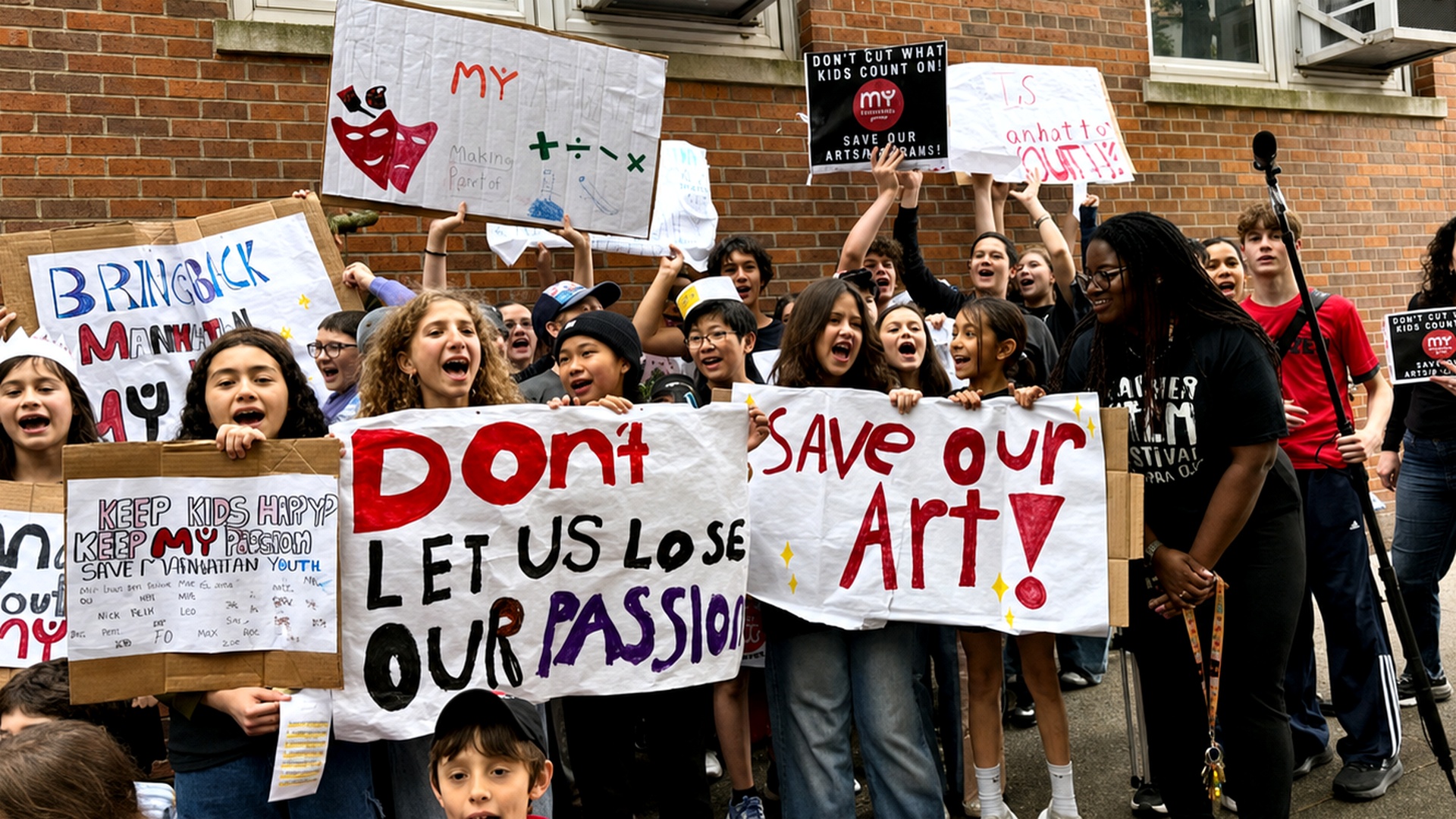Students holding handmade signs at a rally outside Wagner High School, June 2026